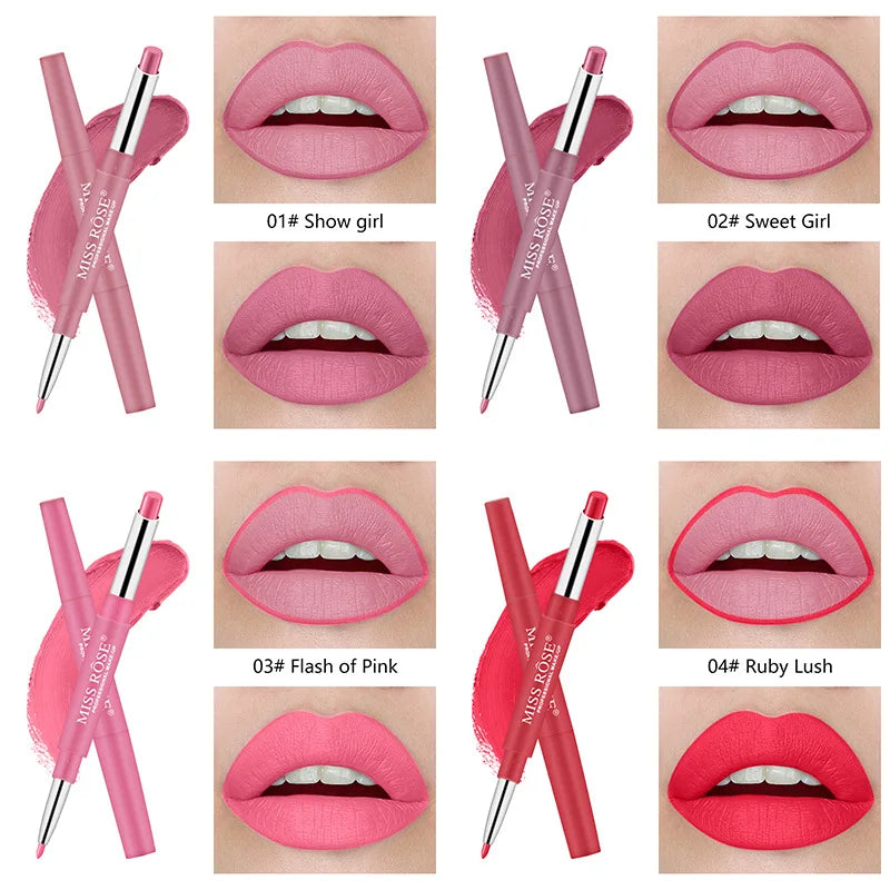 Miss Rose Double-end Lipstick Lipgloss Pencil Makeup Long Lasting Tint Sexy Red Lip Stick Beauty Matte Lip Gloss Pen Cosmetic