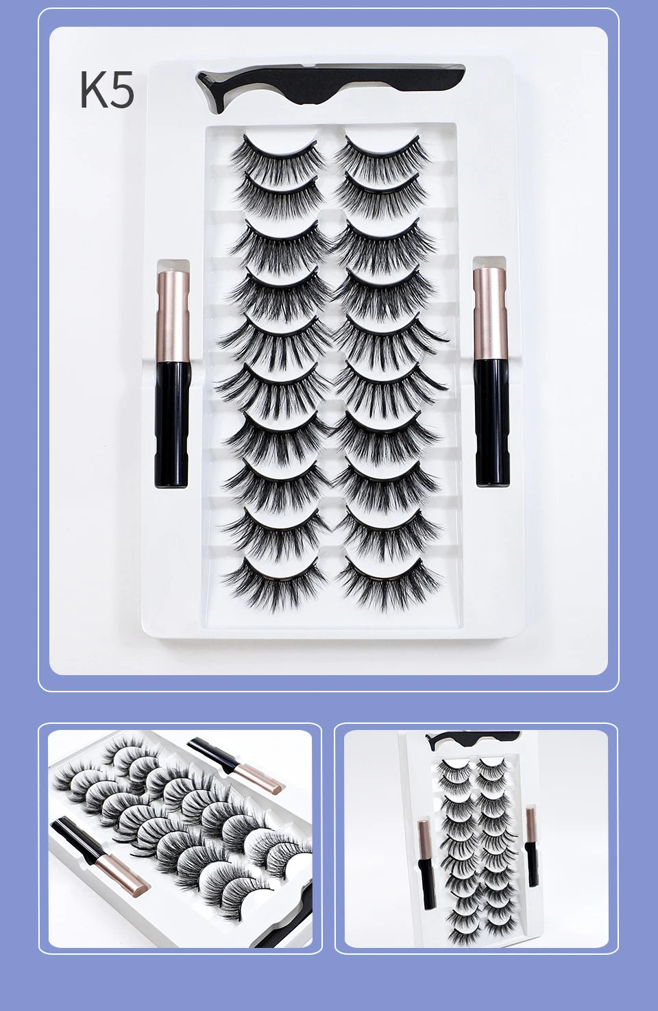 Magnetic Lashes Kit with Applicator Reusable 5 Magnets False Eyelashes Makeup Natual Effect Magnetic Eyelashes with Eyeliner