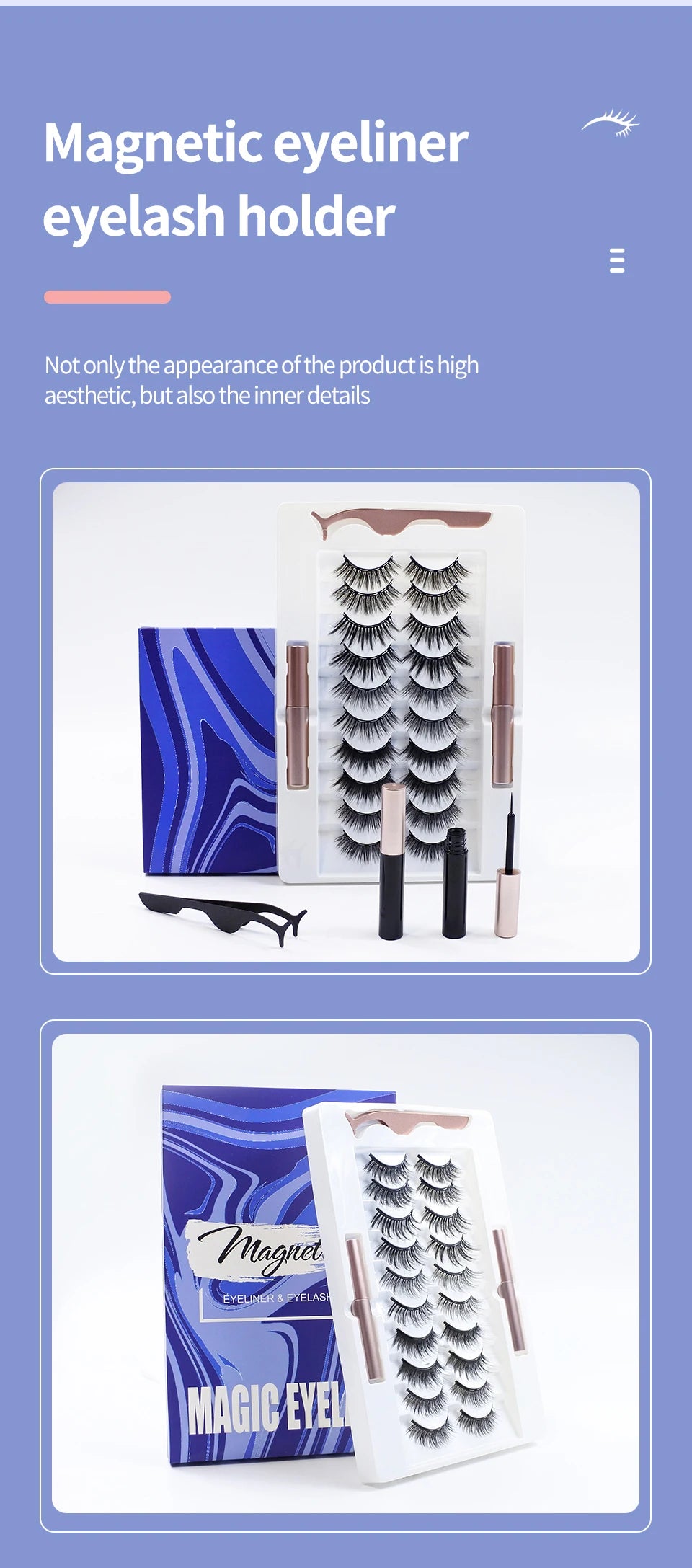 Magnetic Lashes Kit with Applicator Reusable 5 Magnets False Eyelashes Makeup Natual Effect Magnetic Eyelashes with Eyeliner