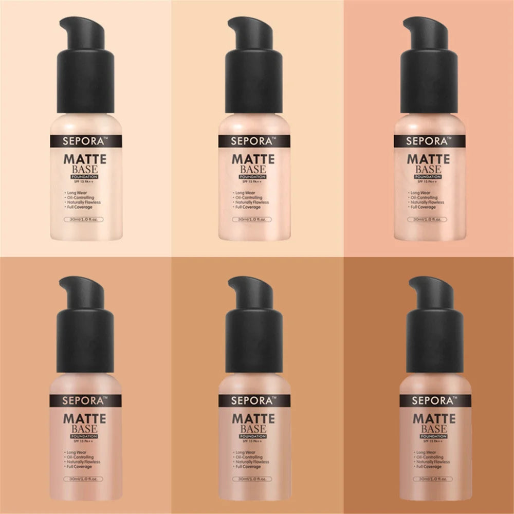 30ml SEPORA 6-Color Matte Liquid Foundation Oil Control Waterproof Full Coverage Facial Natural Concealer Base Makeup Cosmetics