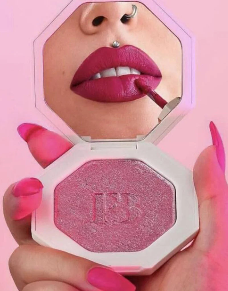 2 In 1 Makeup Set Hot Pink Series Highlighter Powder Shimmer Blush Liquid Lip Gloss Lip Plumper Makeup Box Set