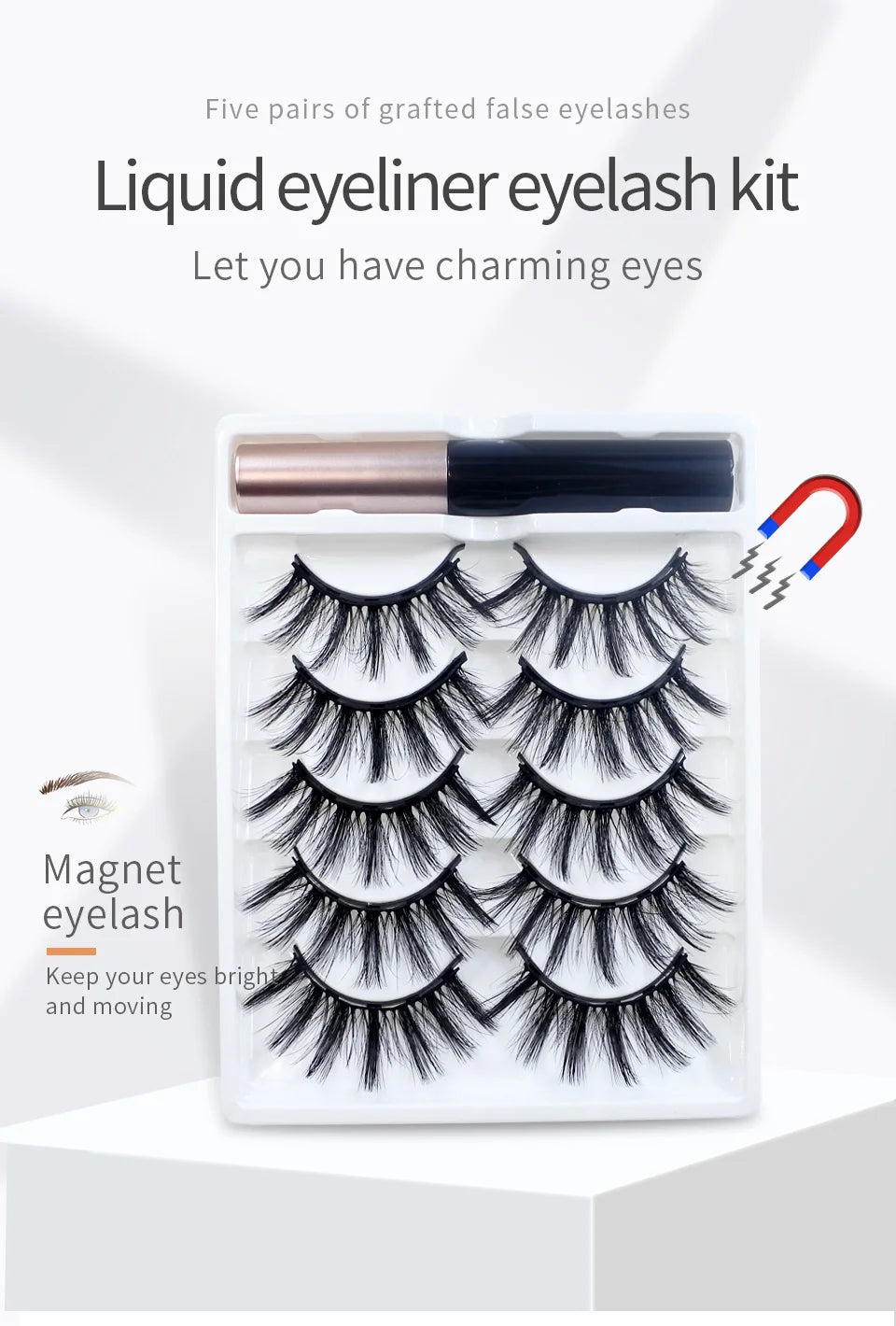 REDSIREN Natural Magnetic Lashes Makeup 1/5Pairs Reusable Magnetic False Eyelashes and Eyeliner Kit